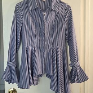 Blue and White Striped Peplum Button-Down Shirt